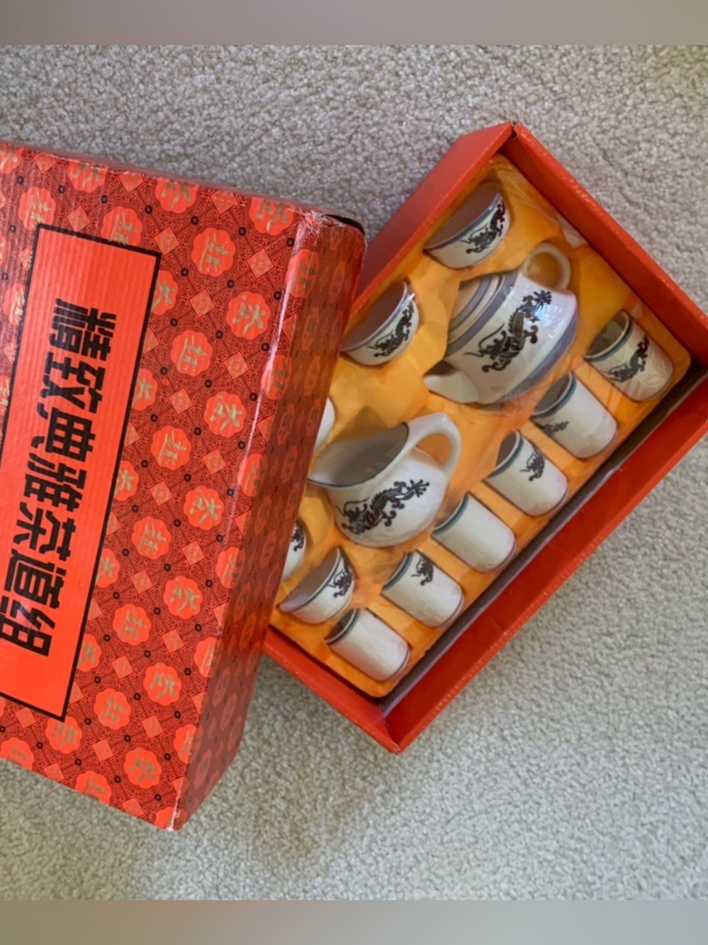 Vintage Antique Chinese Dragon White Porcelain Tea Set 16pc Ceremony Teapot Cups